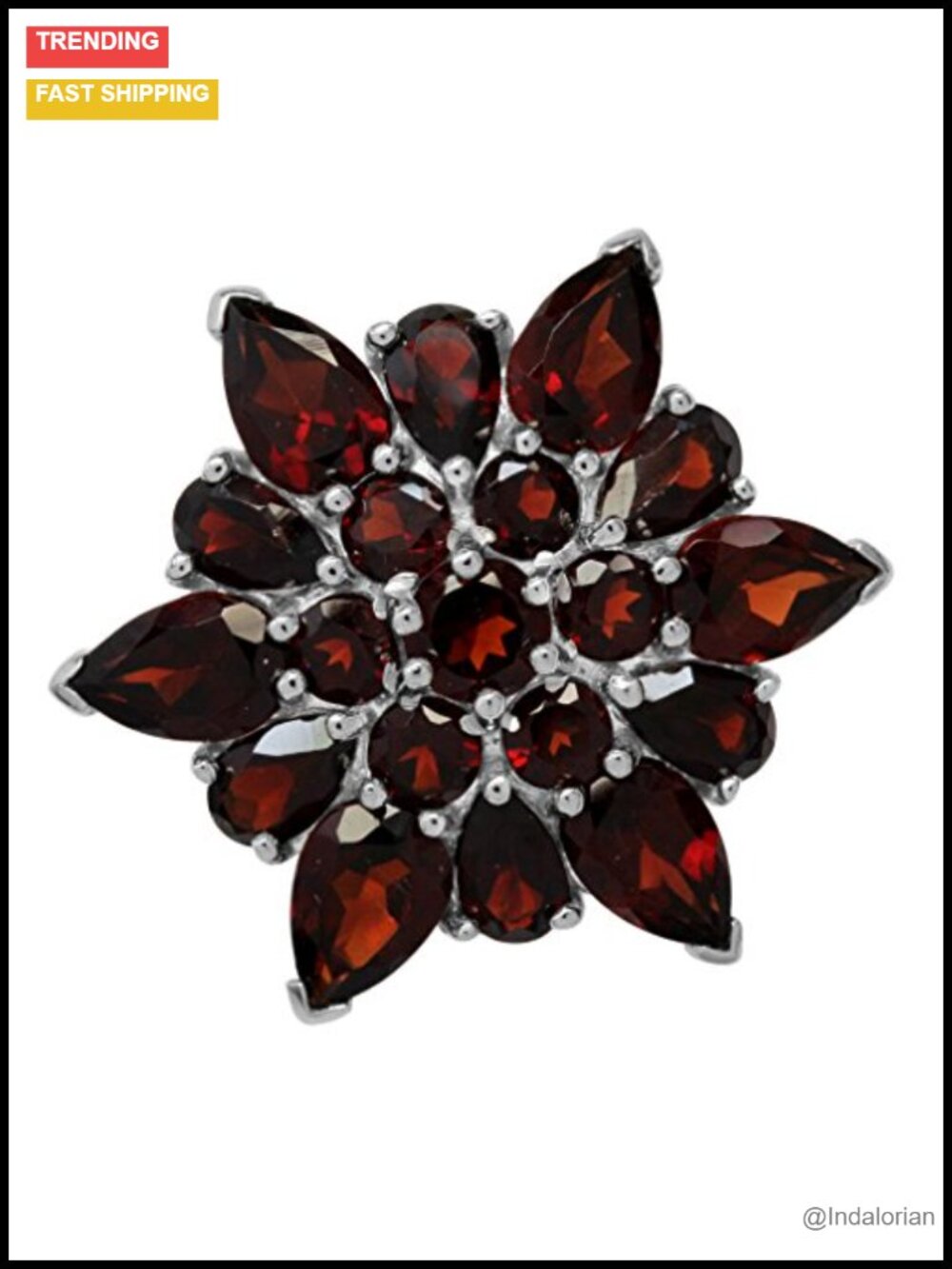 Genuine Garnet 925 Sterling Silver Flower Cluster Cocktail Ring